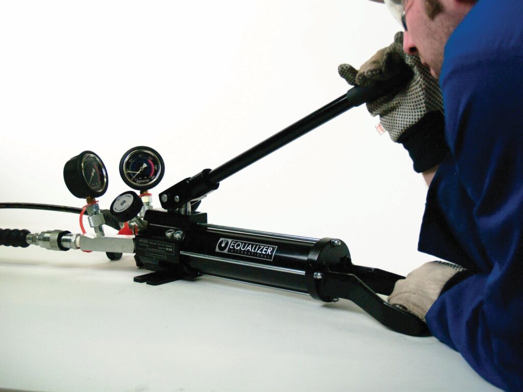 Hydraulic Pumps &Amp; Lifting Tools 6 HP550D - 10,000 PSI hydraulic sealed hand pump with dual ports with guages and connected hoses and operator actuating pump. It has 550cc oil resevoir.