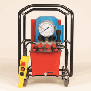 Portable hydraulic power unit with 4 ports to operate 4 torque wrenches enclosed in a black steel frame with caster wheels. Features a red reservoir tank with six red hose ports, a blue motor housing, a large pressure gauge, and a yellow handheld control pendant with three buttons. Designed for industrial hydraulic applications.